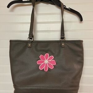 Thirty One Jewell Tote Gray Brown Tones Pink Flower Polka Dot Lining Purse EUC